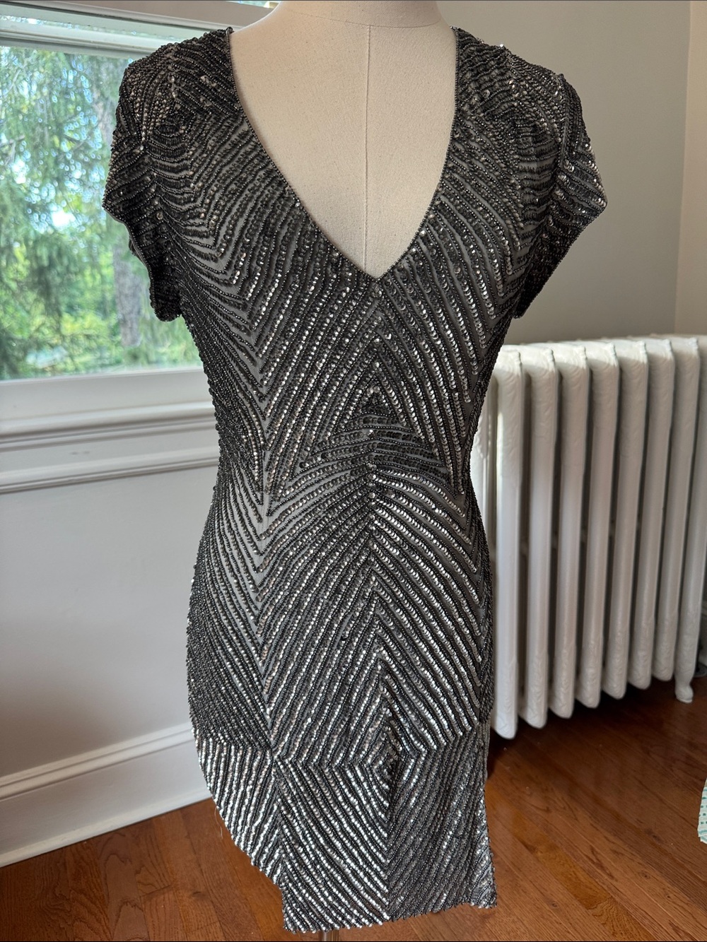 Parker 100% silk lined Silver Beaded V-Neck Mini Dress